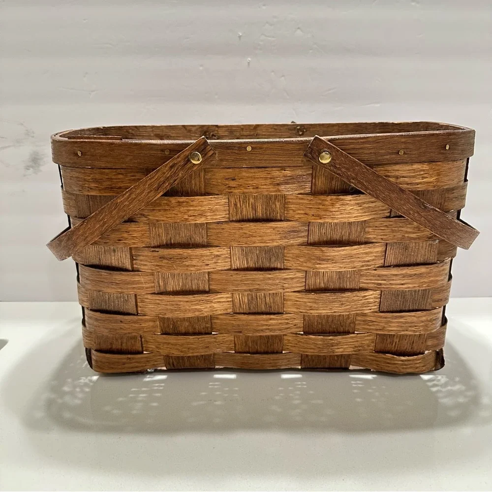 Vintage‎ Dark Brown Woven Basket Wooden Handles Rectangle Skinny Brass Hardware